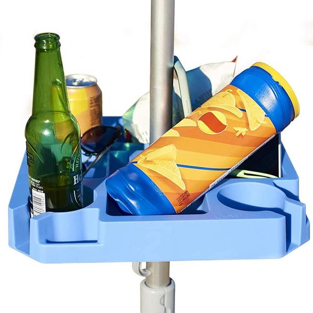Keten Beach Umbrella Table Tray with 4 Cup Holders, 4 Snack Compartments, 4 Sunglasses Holes, 4 Phone Slots for Beach, Patio, Garden, Swimming Pool, 17 Inches, Blue