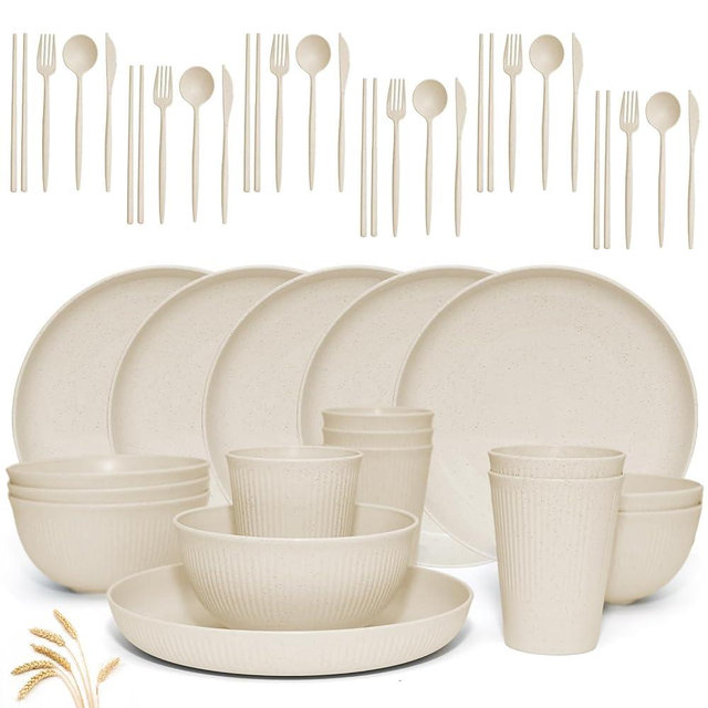 Wheat Straw Dinnerware Sets -DAPIPIK 42 Piece Unbreakable Dinnerware Sets for 6, Kitchen Plates and Bowls Set, Lightweight Camping Plates Cups and Bowls Set.Dishwasher Microwave Safe Dinnerware