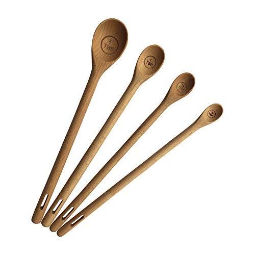 Long Handle Wooden Measuring Spoons by utensi, Set of 4 Engraved Accurate Spoons for Dry and Liquid Ingredients, Beech Wood Set (9-inch handles)