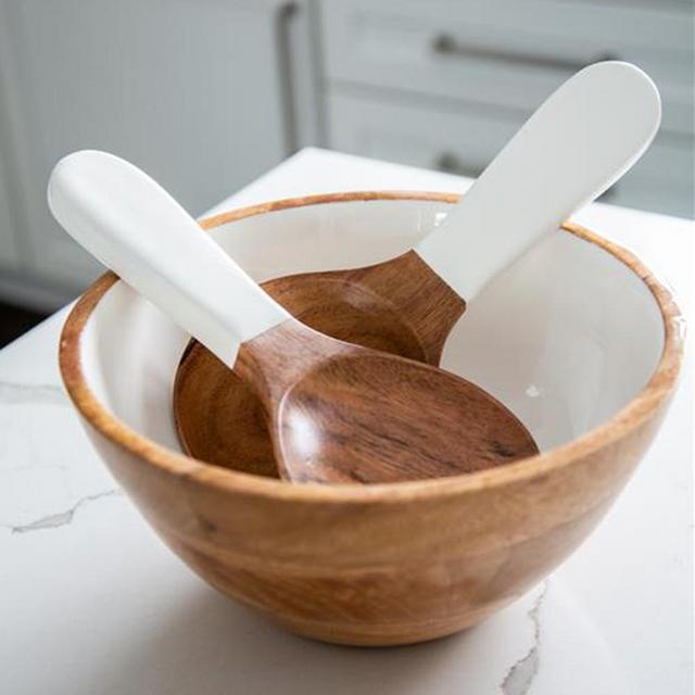 Jeanne Fitz Wood & White Medium Salad Bowl & Servers Set