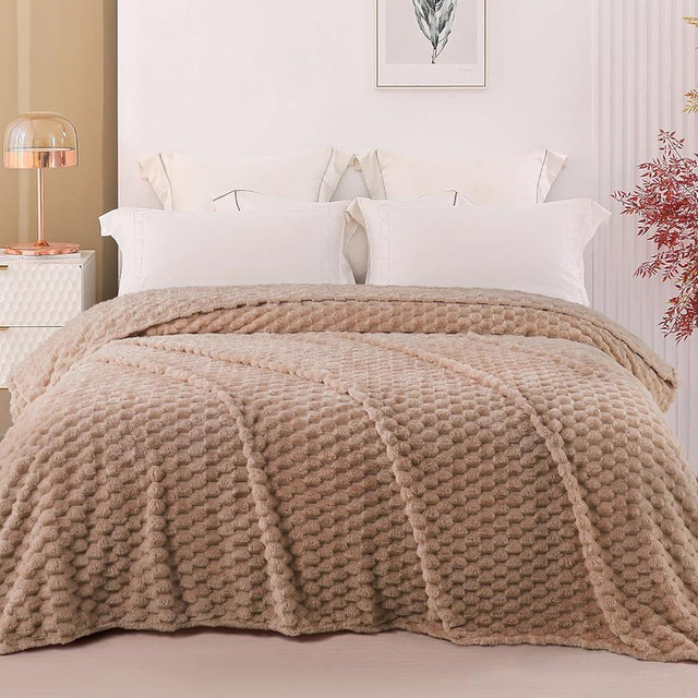 Exclusivo Mezcla Twin Size Soft Fleece Blanket, 60x80 Inches 3D Clouds Stylish Jacquard Velvet Blanket for Bed, Cozy Soft Lightweight for All Season, Camel Blanket