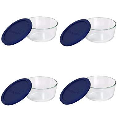Pyrex Storage Plus 7-cup Round Glass Food Storage Dish Blue Plastic Covers (Pack of 4 Containers)