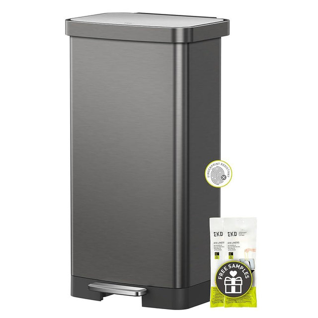 EKO Hudson Stainless Steel 75 Liter/20 Gallon Large Kitchen Trash Can, Tall Step Garbage Can with Rear Bag Storage Compartment, Gunmetal