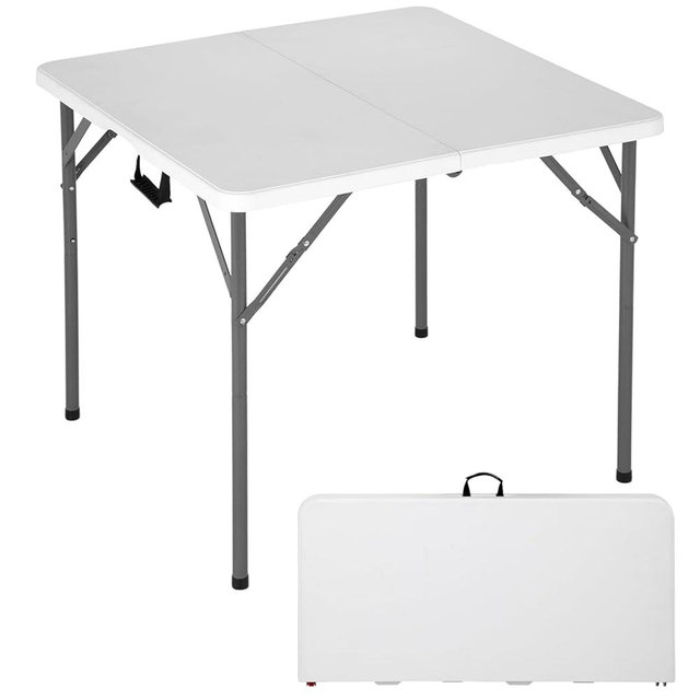 FDW 34" Square Outdoor Dining Table, Foldable Portable Plastic Folding Card Table with Built in Carrying Handle and Height Adjustable for Party and Wedding Use, White