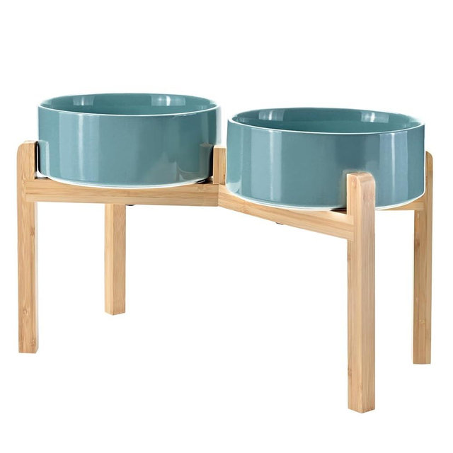 SPUNKYJUNKY Elevated Dog Bowls Ceramic, 8.3'' Dogs Food Water Bowls Raised with Non-Slip Bamboo Stand for Large Sized Breed Microwave Dishwasher Safe - 60 OZ,Dark Green