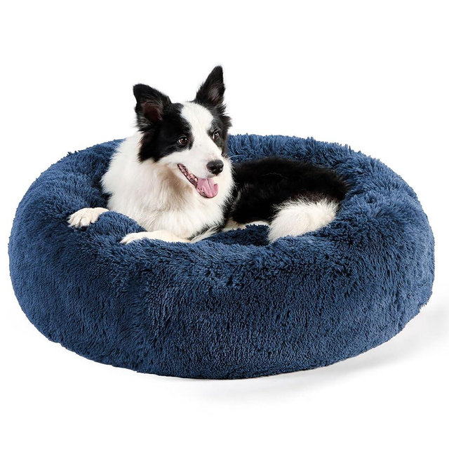 Bedsure Calming Dog Bed for Large Dogs - Donut Washable Large Pet Bed, 36 inches Anti Anxiety Round Fluffy Plush Faux Fur Dog Bed, Fits up to 100 lbs Pets, Navy