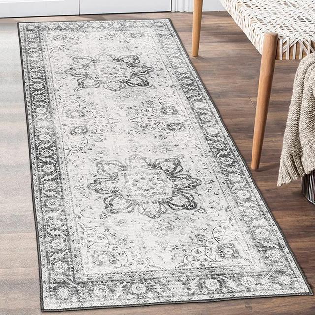 ReaLife Machine Washable Rug - Stain Resistant, Non-Shed - Eco-Friendly, Non-Slip, Family & Pet Friendly - Made from Premium Recycled Fibers - Vintage Bohemian Medallion - Gray, 2'6" x 6'