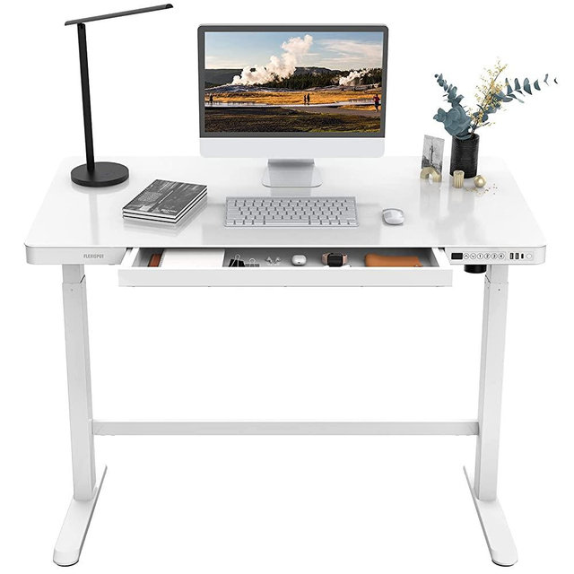 FLEXISPOT EG8 Glass Standing Desk with Drawers Comhar 48 x 24 Inch Electric Height Adjustable Desk White Home Office Computer Table with USB Charged, Storage Organizer
