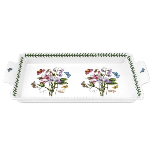 Portmeirion Botanic Garden Sandwich Tray with Handles (14.75"x7") - Sweet Pea Motifs - Durable Porcelain Serveware with Chip-Resistant Glaze - Oven, Freezer, Dishwasher, Microwave Safe