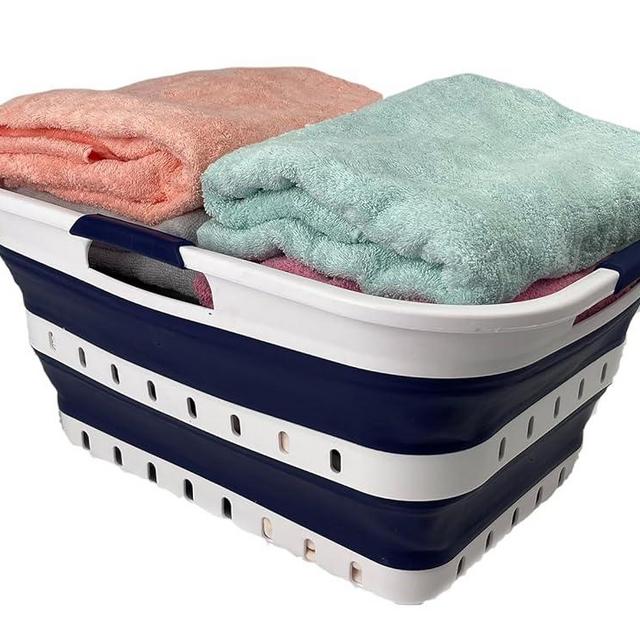 SAMMART 42L (11 gallon) Collapsible Plastic Laundry Basket - Foldable Pop Up Storage Container/Organizer - Space Saving Hamper/Basket (1, White/Starry Blue)
