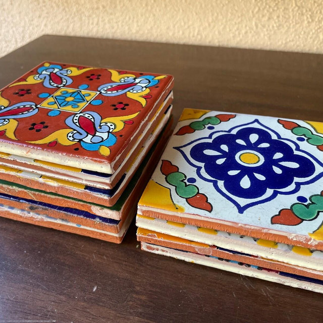 Mexican Talavera Tile Coasters – 4x4 Ceramic Drink Coaster Set with Cork Back – Handmade Kitchen Gift