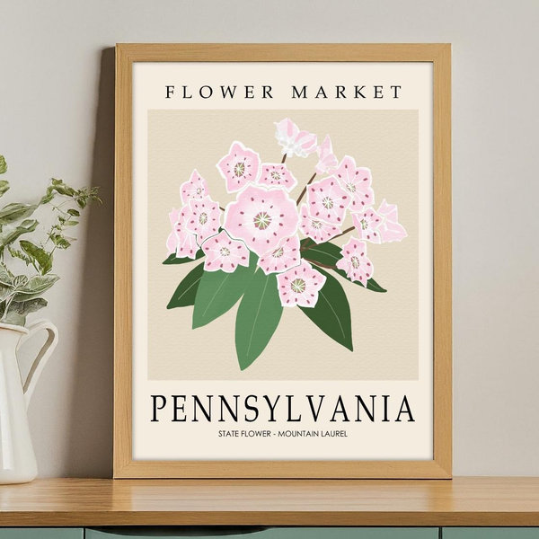 Pennsylvania Flower Market Print with Mountain Laurel | Personalized State Flower Wildflower Poster | 5x7, 8x10, 11x14, 16x20, 18x24, 24x36