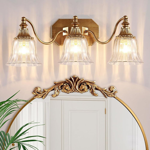 DvmTeom Gold Bathroom Light Fixtures, 3-Light Vintage Vanity Lighting | Hand-painted Brushed Gold Finish, Crystal Glass Shade, Wall Lights Over Mirror, Antique Sconce for Bathroom Restroom