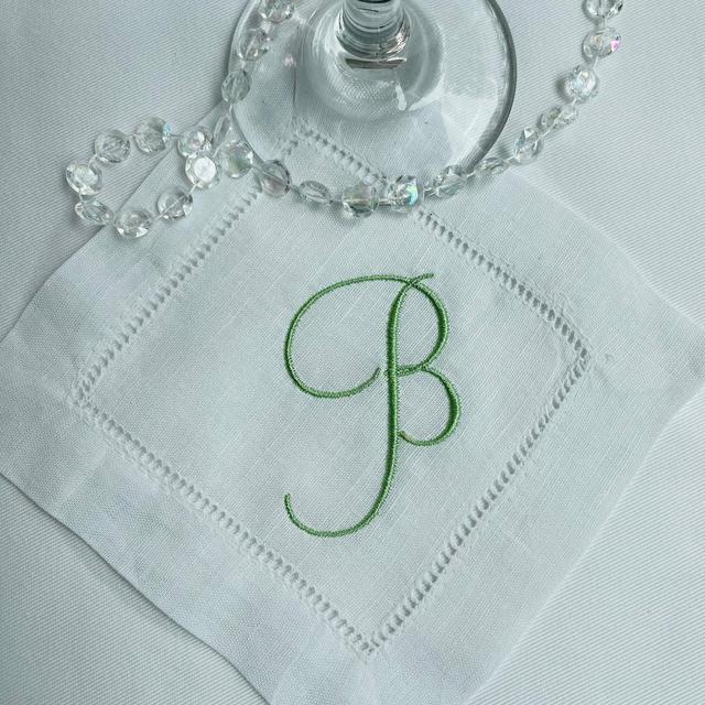 Set of 6 or 12, Cocktail Napkins, Personalized, Monogrammed, 6 by 6 inches, white hemstitch, Linen/ Cotton , Your choice of thread color.