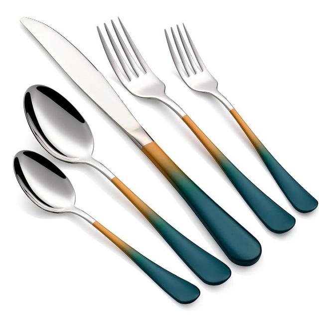 LKTDYMEG 20-Piece Green Orange Silverware Set 18/0 Stainless Steel Silverware Set Green Orange Handle Cutlery Set Service for 4 Dinner Knives Forks Spoons Set Flatware Set Finish Dishwasher Safe