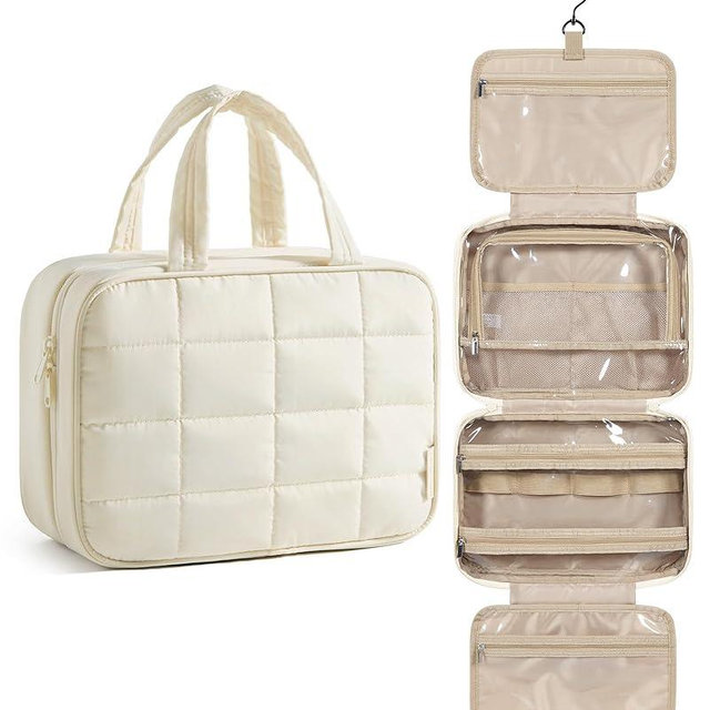 BAGSMART Travel Toiletry Bag for Womne, Hanging Travel Bag for Toiletries, Puffy Makeup Cosmetic Bag Organizer, Carry-on Travel Accessories Essentials, Beige