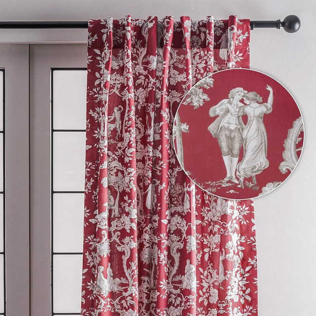 Maison d' Hermine Curtains for Living Room 100% Cotton 96 inch Length One Panel Light Filtering Toile Curtains for Bedroom Windows with Rod and Loop Pockets Drapes (Joli Jouy Red, 50" W x 96" L)