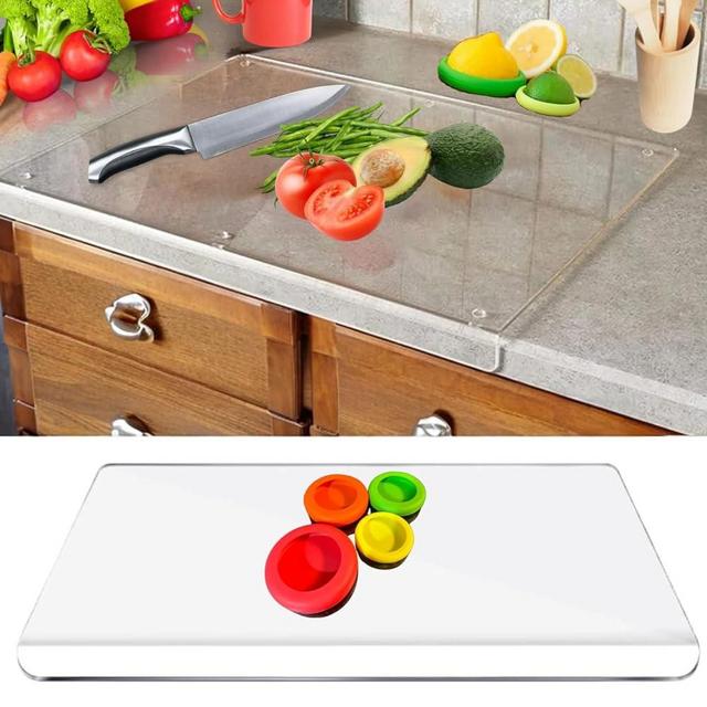 COOKIA Acrylic Cutting Board for Kitchen Counter 18 x 16 Inches with Counter Lip, Anti-Slip Grips. Plus 4 silicone food storage for the fruits and vegetable.