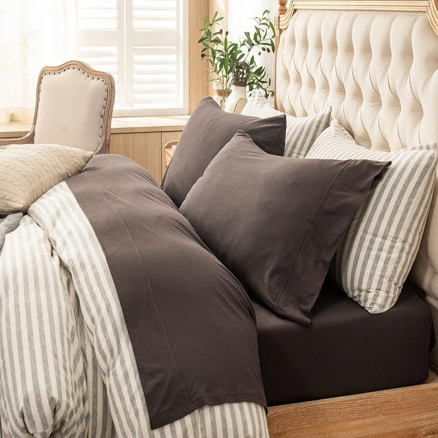PURE ERA Jersey Knit 4pc Bed Sheet Set 100% T-Shirt Cotton Super Soft Comfy Breathable Fits Mattress Up to 20" Extra Deep Pocket (Solid Deep Brown, Queen)