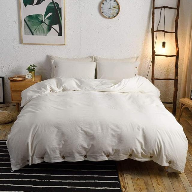 M&Meagle 3 Pieces White Duvet Cover King,100% Washed Cotton Duvet Cover with Button Closure,Ultra Soft Natural Cotton Bedding Set-King Size(1 Duvet Cover 2 Pillowcases)