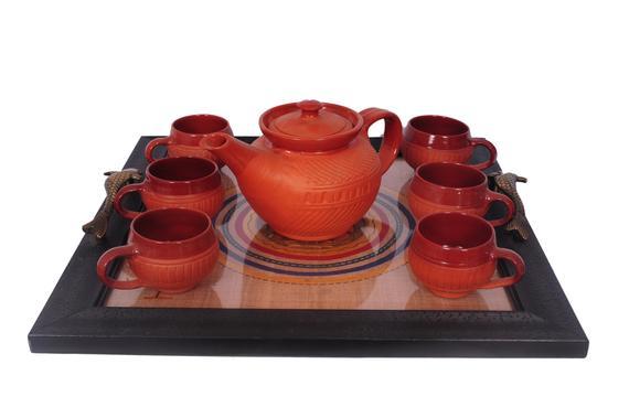 Terracotta Tea cup and kettle, round-brown