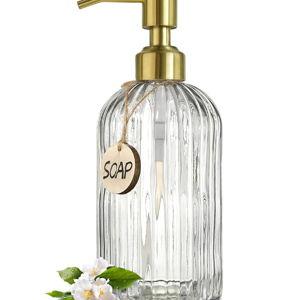 JASAI 18Oz Glass Soap Dispenser with Golden Pump for Kitchen,Refillable Liquid Hand soap Dispenser with Vertical Stripe, Clear Soap Dispenser Bathroom for Hand soap, Dish Soap, Lotion