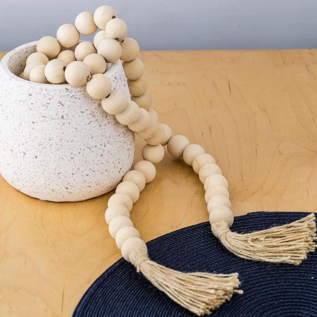 Large Wood Beads Tassel Garland - 63x1in Chic Boho Decor for Shelves - Rustic Coastal Coffee Table Decor - Lay Your Modern Farmhouse Decor Over Books or Tray - Wallecom Entryway Bookshelf Decor