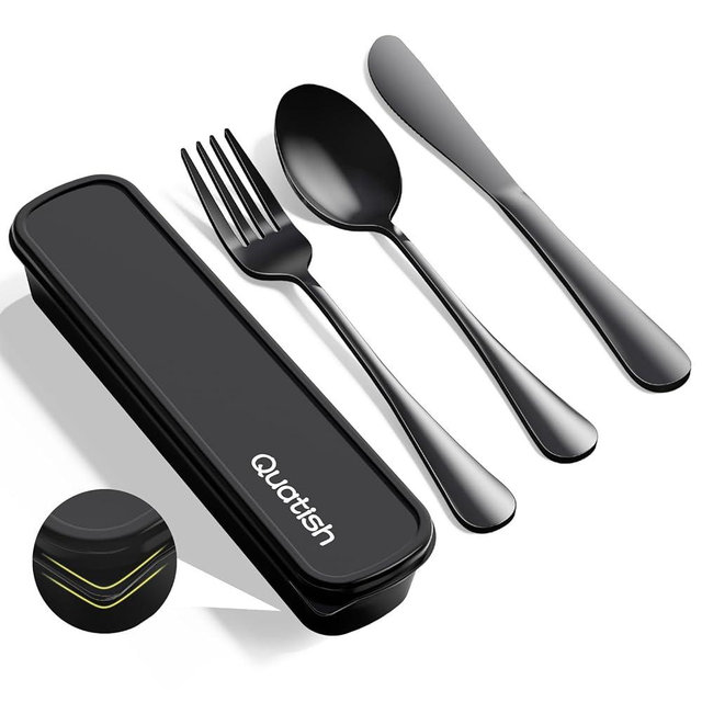 Travel Utensils with Case, Quatish 4 Piece Stainless Steel Silverware Set for Work, Portable Reusable Travel Cutlery Set, Fork and Spoon Set for Picnic, Camping, Gadgets, Lunch Box for Men, Black
