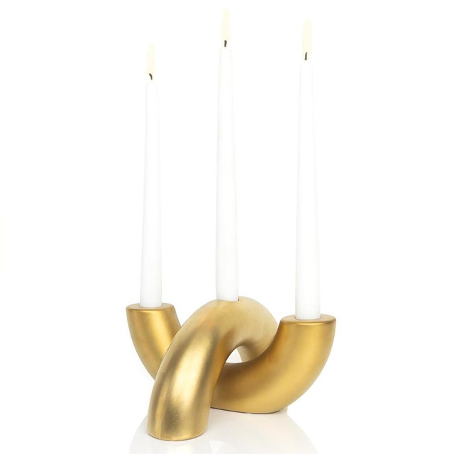 AERLO Ceramic Candle Holder Set - Decorative Candle Stick Candle Holders - Modern Decor for Dining Table, Living Room Coffee Table, or Shelf - Minimalist Candelabra for 3 Taper Candles (Gold)