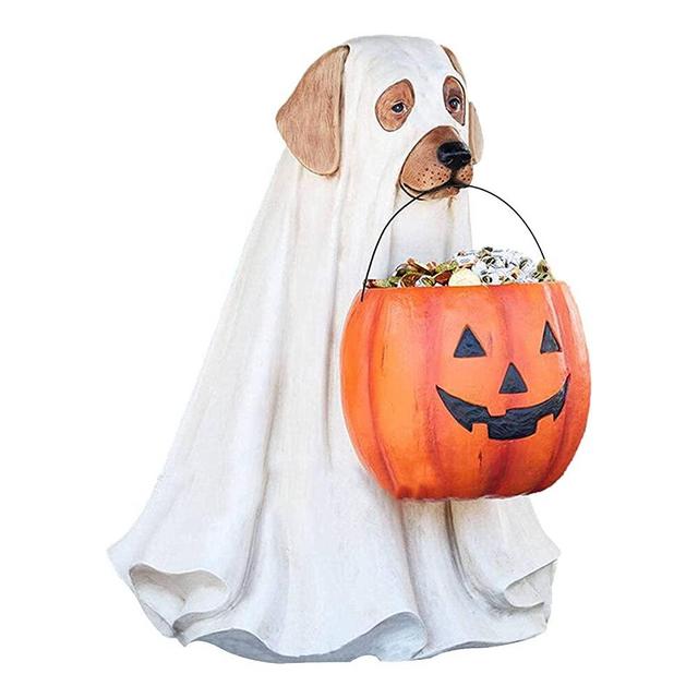 Ghost Dog Candy Bowl Holder Halloween Pumpkin Snack Bowl Stand Resin Dog Sculpture Garden Statue Trick Or Treat for Halloween Party Decorations Gifts