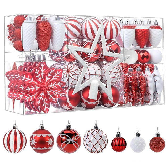 SHareconn 106PCS Christmas Balls Ornaments Set, Colorful Shatterproof Plastic Decorative Baubles for Xmas Tree Decor Holiday Wedding Party Decoration with Hanging Hooks, Red & White