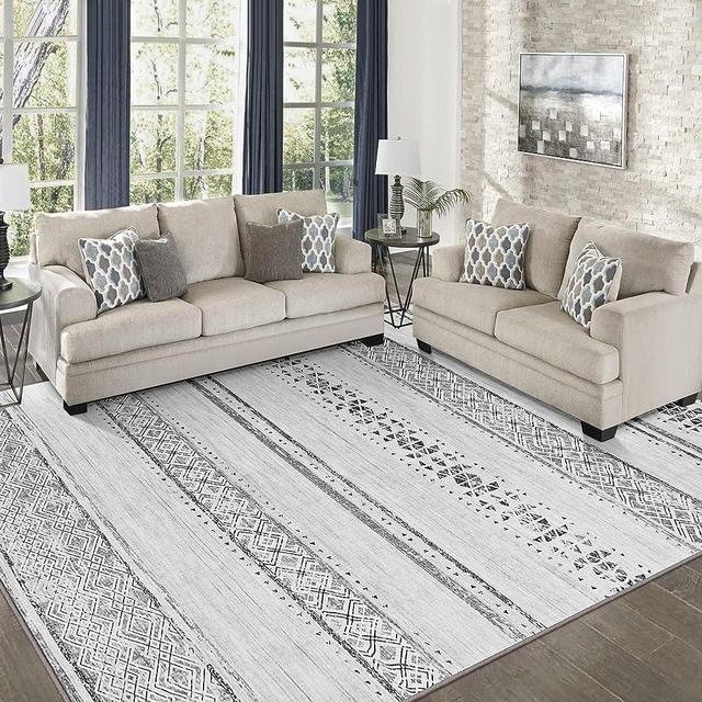 Area Rugs for Living Room: 5x7 Rug for Bedroom Machine Washable with Non-Slip Backing Stain Resistant Large Geometric Moroccan Carpet for Nursery Dining Room Home Office - Gray/Ivory