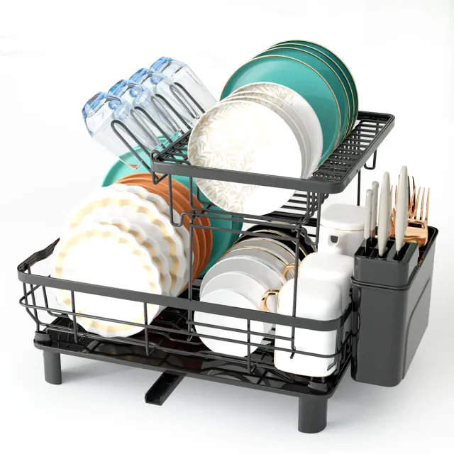 2-Tier Stainless Steel Dish Drying Rack with 360 Degree Drain Spout