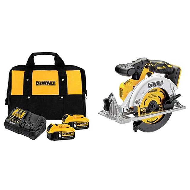 DEWALT 20V MAX Battery Starter Kit with 2 Batteries, 5.0Ah (DCB205-2CK) with DEWALT 20V MAX Circular Saw, 6-1/2-Inch, Cordless, Tool Only (DCS565B)