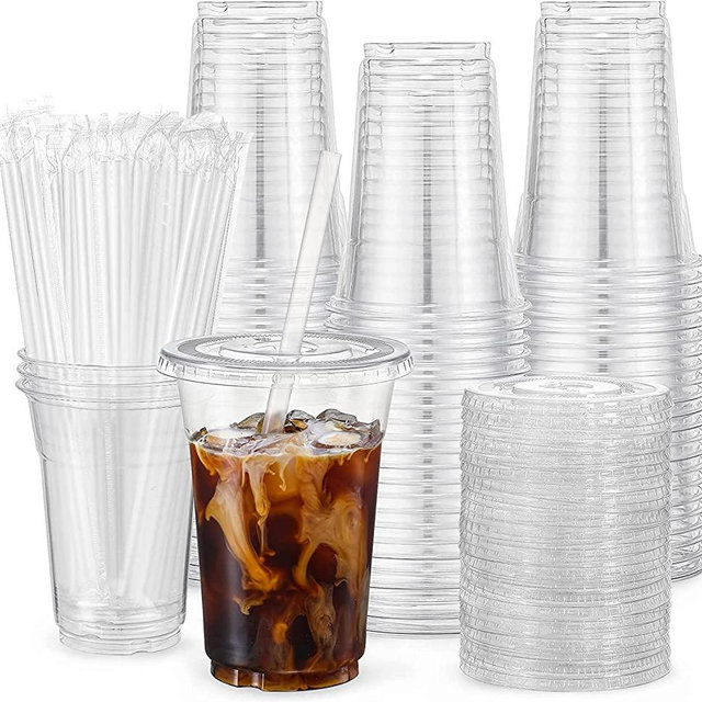 VITEVER [100 Sets - 24oz] Plastic Cups with Lids and Straws, Disposable Cups for Iced Coffee, Smoothie, Milkshake, Cold Drinks - Clear
