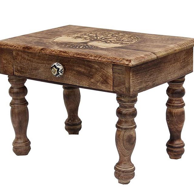 DharmaObjects Solid Mango Wood Hand Carved Puja Shrine Altar Meditation Table (Tree of Life) Large
