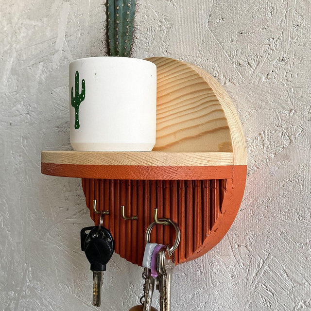 Key Holder with Round Minimalist Shelf, Entryway Decorative Wooden Organizer, Wallet Holder, Glasses Holder, Unique Key Rack