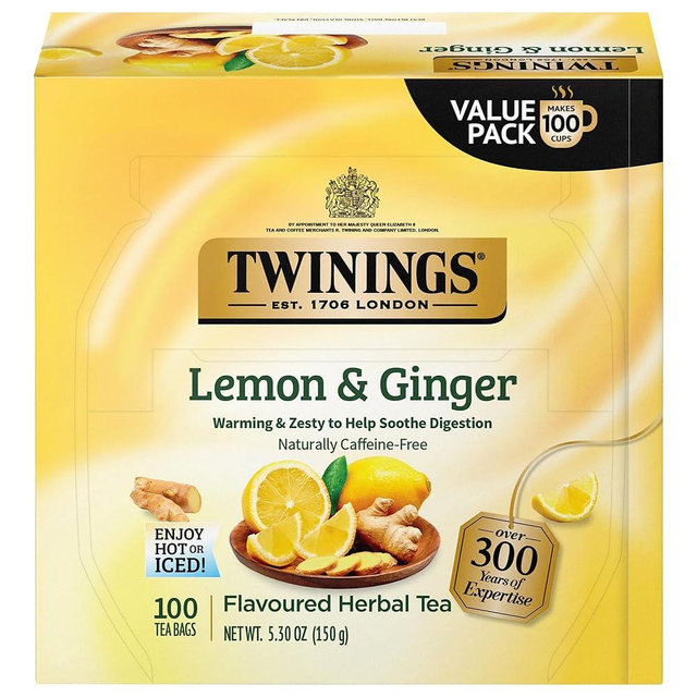 Twinings Lemon & Ginger Herbal Tea, 100 Individually Wrapped Tea Bags, Tangy Lemon, Spicy Ginger, Naturally Caffeine Free, Enjoy Hot or Iced
