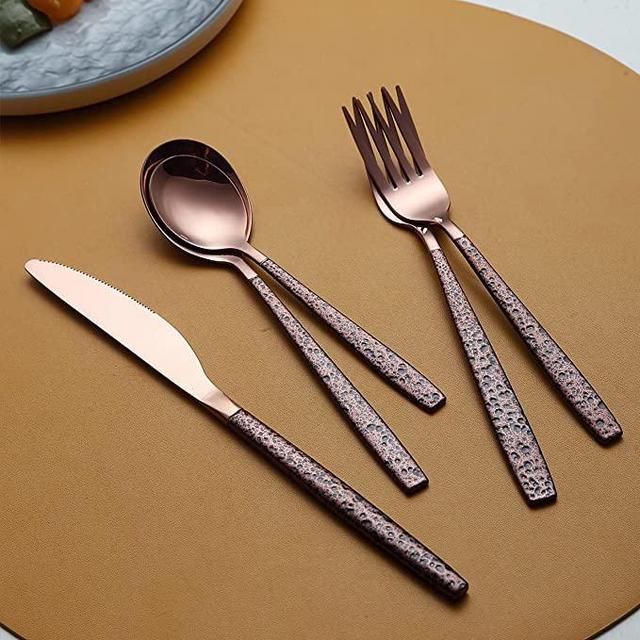 Berglander Silverware Set 20 Pieces With Moon Surface Handle And Rose Gold Mouth Titanium Plating, Stainless Steel Modern Copper Flatware Set Utensils Set Colorful Cutlery Set Service For 4