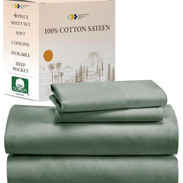California Design Den Soft 100% Cotton King Size Sheet Set Bed Sheets with Deep Pocket, 4 Piece King Sheet Set with Sateen Weave, Cooling Sheets - Sage Green