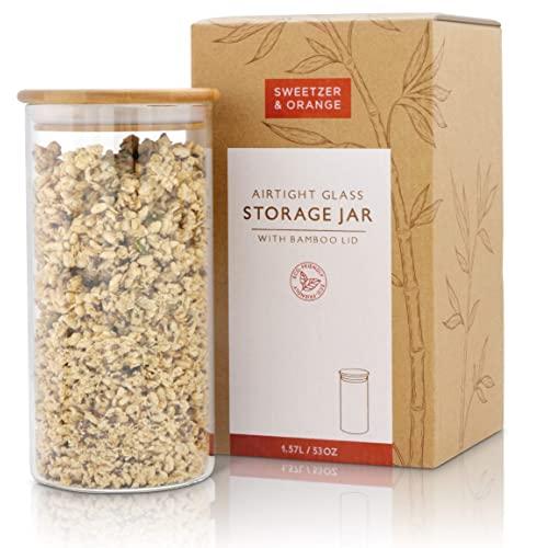 Sweetzer & Orange Glass Food Storage Container with Bamboo Lid (1.57 L) - Airtight Storage Container Candy Jar for Whole Grains, Beans, Legumes, Rice, Dried Fruits, Couscous, Rolled Oats, Paleo Mix