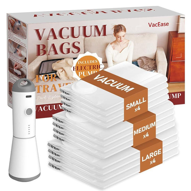 Vacbird Travel Vacuum Bags with Rechargeable Cordless Air Pump, 12 Pack Vacuum Storage Seal Bags for Clothing(4 Large+4 Medium+4 Small), Compression Packing for Clothes Suitcase Luggage