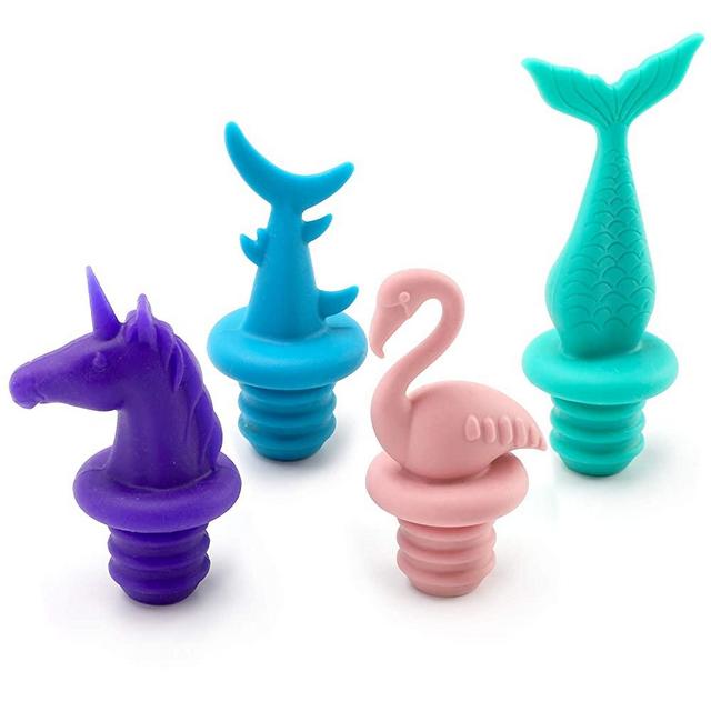 Wine Stopper Set of 4, Silicone Wine Bottle Stopper, Reusable Fun Animal Bottle Stopper, Unicorn, Flamingo, Shark, Mermaid Shapes Leakproof Seal Cute Stoppers,Gift Box Package Bottle Stoppers Set