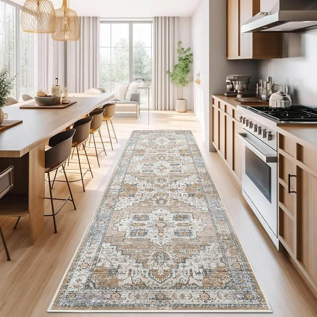 jinchan Runner Rug 3x7, Bohemian Hallway Rug Kitchen Rug Washable Rug Floral Runner Non Slip with Rubber Backing Thin Vintage Carpet for Bedroom Bathroom Laundry Room Living Room Orange