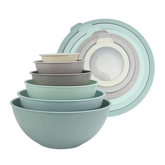 COOK WITH COLOR Mixing Bowls with TPR Lids - 12 Piece Plastic Nesting Bowls Set includes 6 Prep Bowls and 6 Lids, Microwave Safe Mixing Bowl Set (Mint Ombre)