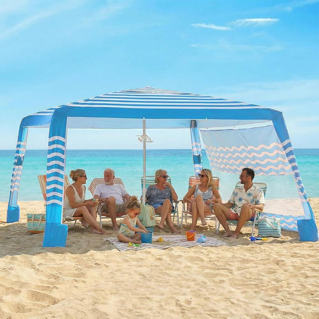 Zeraty Beach Cabana 8'×8', Portable Beach Canopy with Side Wall, Easy Pop Up UPF 50+ Silver-Coated Beach Tent Sun Shelter, Wind Resistant Adjustable Height Beach Umbrella Tent for Family, Sky Blue