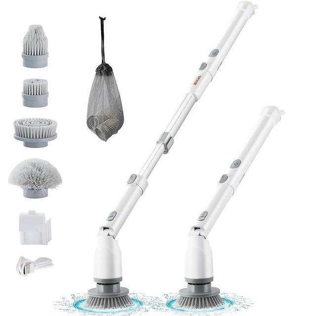 VEVOR Electric Spin Scrubber, Cordless Cleaning Brush with 2 Adjustable Speeds and Extendable Long Handle, 1.5H Runtime Power Shower Scrubber with 4 Replaceable Brush Heads for Bathroom, Tub, Tile