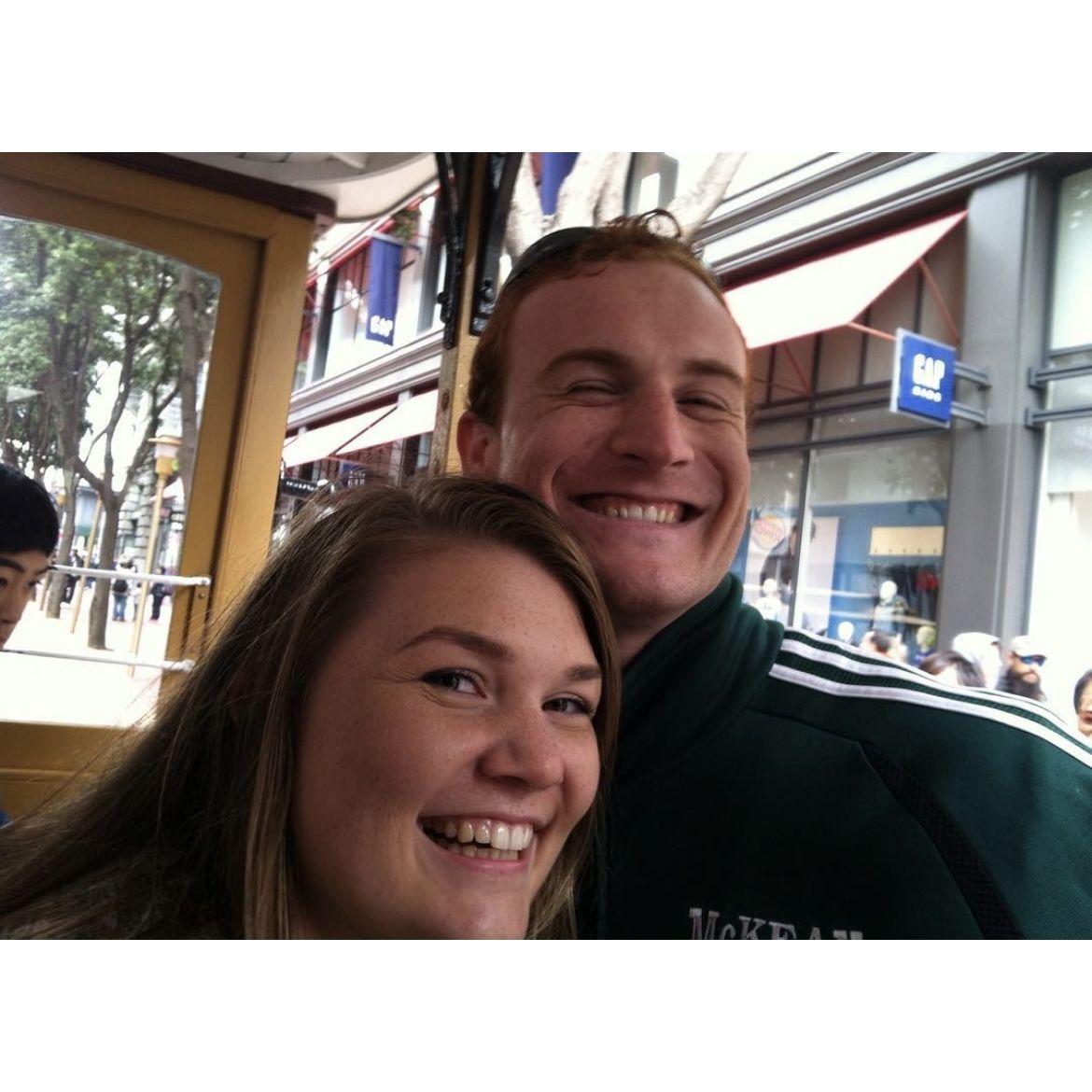 One of our first photos together, on the San Francisco cable car in 2016