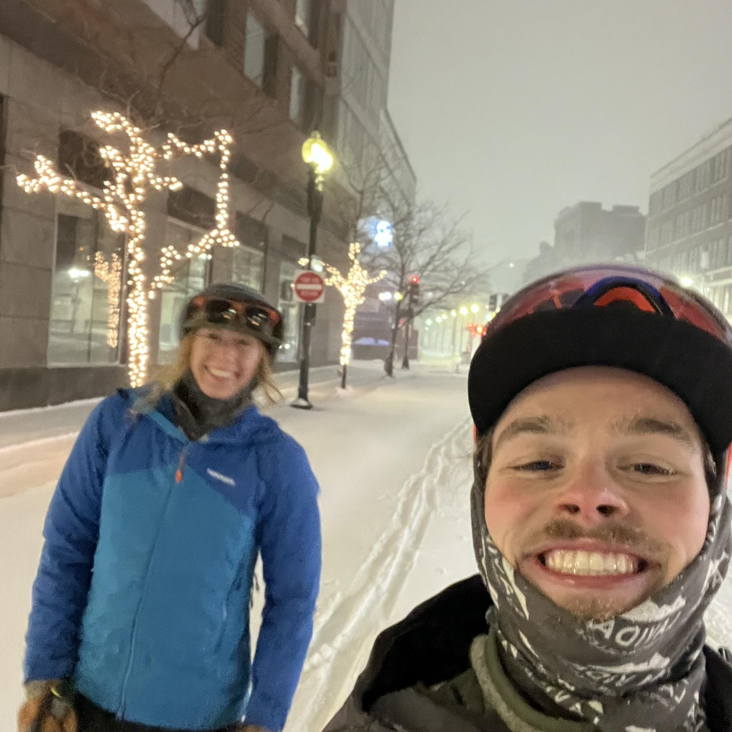 Fulfilling our dream of skiing in the streets in Boston on Anderson St.