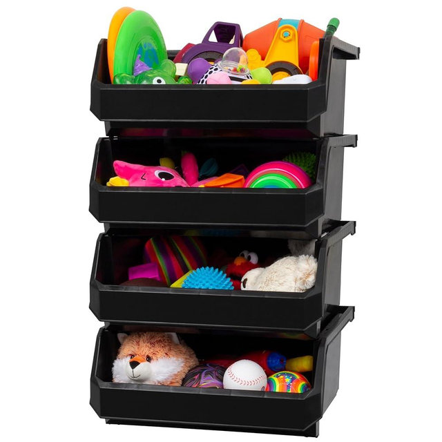 ReadySpace Plastic Containers for Organizing and Storage Bins for Closet, Kitchen, Office, Garage or Pantry Organization, Stackable Bins, Extra Large (14.8" x 16.5" x 7"), 4-Pack, Black